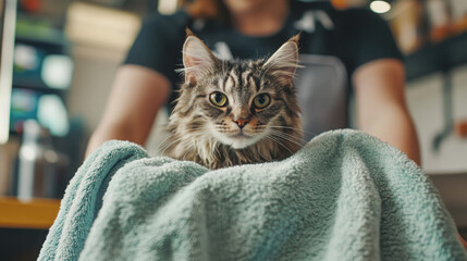 Gentle pet care moment: groomer drying cat for relaxed pet experience