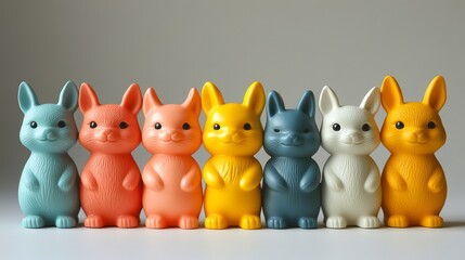 Colorful collection of plastic animal figures lined up on a plain background