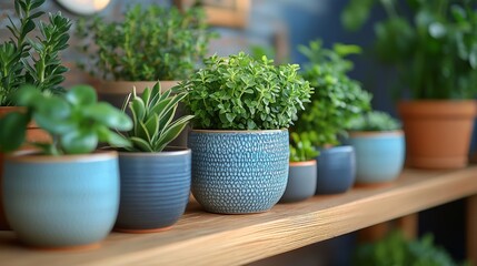 Fototapeta premium Potted herbs on wooden shelf against rustic brick wall in cozy indoor setting