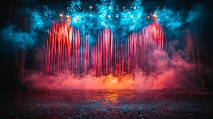 Stage illuminated with a spotlight, featuring red, white, and blue smoke and particle effects, celebrating 4th of July, President's Day, Patriots Day, Columbus Day, Veterans Day, with an AI-driven