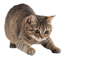A Playful Tabby Cat in a Hunting Pose , isolated on white background PNG