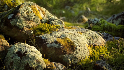 Obraz premium Close-up of sunlit rocks heavily textured with vibrant green and grey lichen. Perfect for nature, environmental, or geological themed projects; adds a sense of age and serenity. Ideal for website
