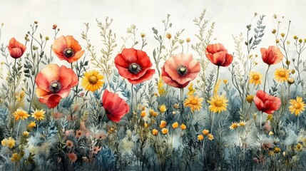 Obraz premium A vibrant watercolor illustration of a flower meadow with poppies and daisies.