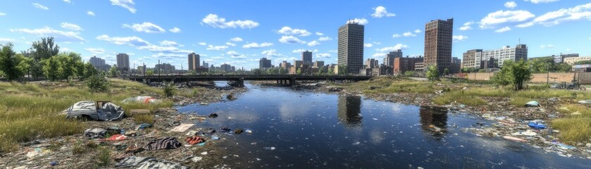 Naklejka premium Urban River Cleanup A Scenic View of a City Skyline with Littered Waterway