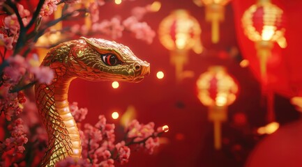 Obraz premium A Spring Festival atmosphere featuring a golden snake, red plum blossoms, and lanterns in the background, with Chinese New Year elements and a red color tone in a 3D rendering