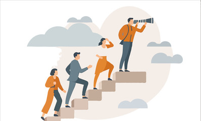 Business Leadership Concept. Vector illustration in flat style of a group of diverse people in business outfits walking up the steps following a leader looking ahead. Isolated on background
