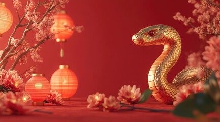 Fototapeta premium 3D rendering of a Chinese New Year snake decoration with lanterns and flowers on a red background, featuring a gold color scheme and minimalist style for a festive yet elegant look