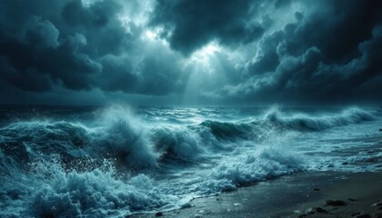 Turbulent Seas Under Approaching Storm Clouds with Glimmering Sunlight Beams