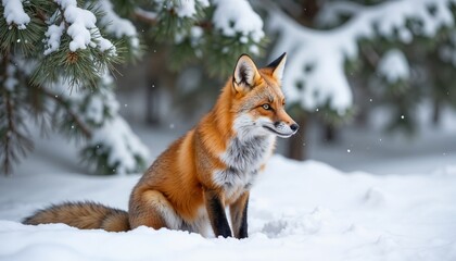 Obraz premium Red fox sitting on snow with snowy branches in the background.Wildlife photography for winter-themed banners, educational materials, and nature campaigns.The quiet beauty of winter wildlife.
