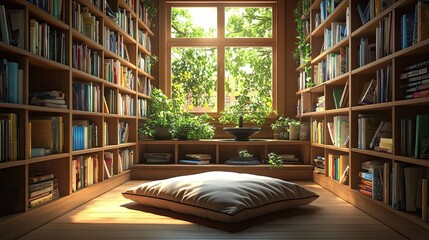 A cozy reading nook with a floor cushion by a window