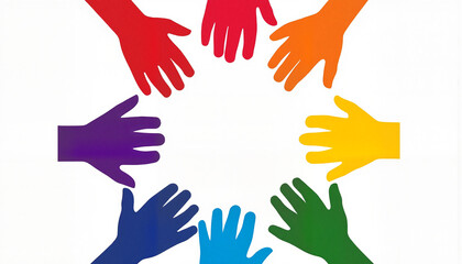 Colorful hands forming a circle on white background, unity and inclusion