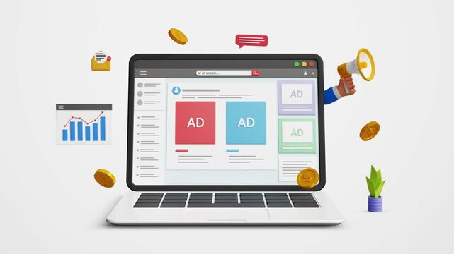 Digital marketing, digital advertising, ad campaign. PPC online marketing, promotion, customer engagement, traffic research, targeted ads. Social media advertising on laptop. 4K 3D animation
