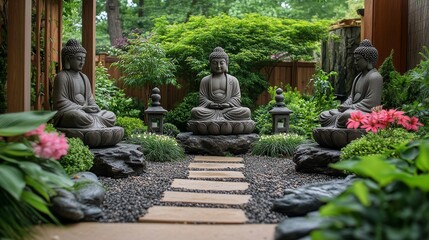 Fototapeta premium Serene garden with multiple Buddha statues surrounding a tranquil pond in an outdoor setting