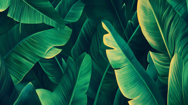 Close-up of vibrant green banana leaves showcasing natural texture and patterns ideal for backgrounds and botanical designs. Leafglow. Illustration