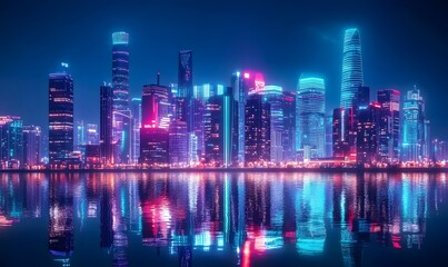 Fototapeta premium futuristic city skyline, neon lights, urban landscape, modern architecture, night scene with reflections, vibrant colors, futuristic ambiance, city life, architecture design, skyline photography.