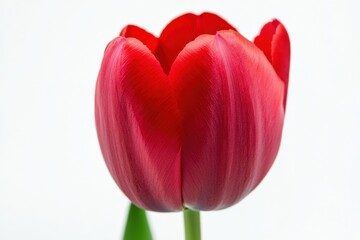 close up of a single red tulip flower on a white background