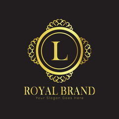 Letter Luxury brand logo design with a royal gold crown emblem and elegant typography
