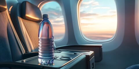 A water bottle on an airplane tray table near a window, highlighting the importance of staying hydrated while flying to avoid dehydration, Generative Ai