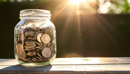 A glass jar overflowing with coins sits on a rustic wooden surface, bathed in warm sunlight. The image evokes feelings of savings, financial security, and prosperity.