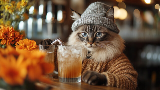 Cat bartender in retro style