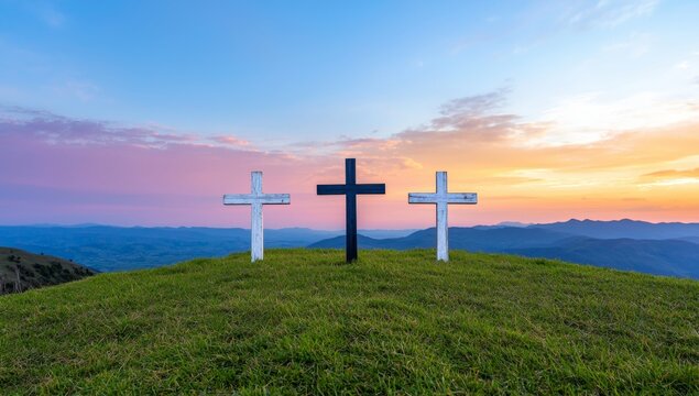 Three wooden crosses stand silhouetted on a hill, framed by a dramatic sky and sunbeams at either sunrise or sunset. This scene symbolizes Good Friday