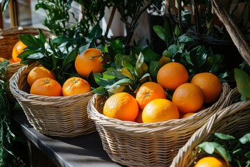 Fresh oranges in wicker baskets, surrounded by green leaves