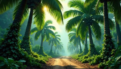 Obraz premium Palm trees with trunks covered in vines and moss, lush, tropical