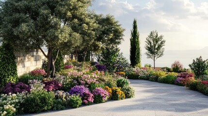Serene Garden Path Overlooking a Tranquil Sea with Vibrant Flowers and Lush Greenery