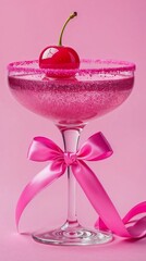 A glass with a pink cocktail and cherries on a pink background. Made in a classic style. A pink satin ribbon is tied in a bow around the stem of the glass.