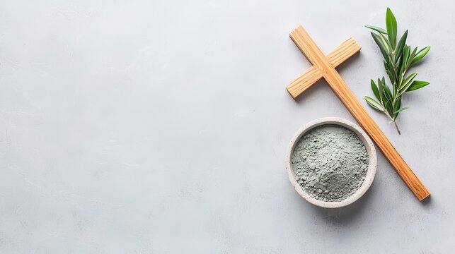 Ash Wednesday concept depicted with a cross, ashes, and olive leaves against a concrete stone backdrop