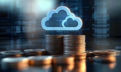 Stacks of coins with a cloud icon symbolize cloud financial planning, highlighting cost management and budgeting in cloud computing, Generative Ai