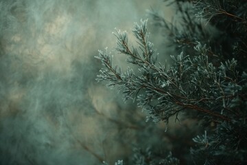 Obraz premium Frost-covered pine branch in a misty atmosphere