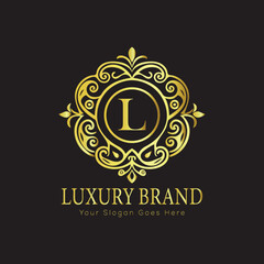 Letter Luxury brand logo design with a royal gold crown emblem and elegant typography
