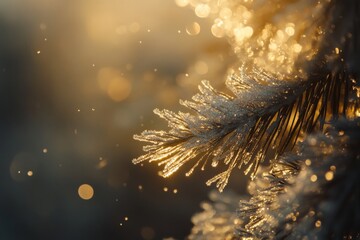 Frost-covered pine needles glittering in the golden light of sunrise