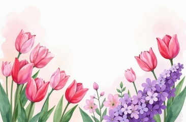 Frame made with beautiful spring tulips, daisies, lilac on pink background, top view. Space for text
