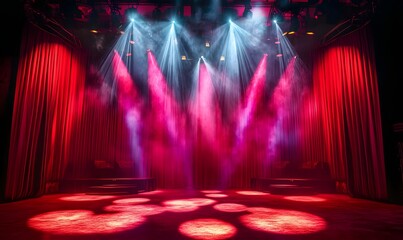 theatrical stage, red curtains, dramatic lighting, performance background, vivid ambiance, entertainment theme, showtime environment, event space, spotlight focus, theatrical atmosphere, vibrant colo.
