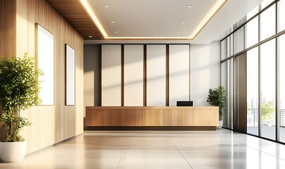 Interior of modern hotel lobby with white and wooden walls, tiled floor, wooden reception counter and vertical mock up posters. Generative AI