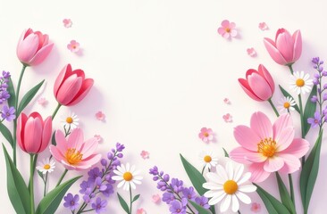 Frame made with beautiful spring tulips, daisies, lilac on pink background, top view. Space for text