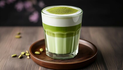 a beautifully layered matcha latte served in a glass