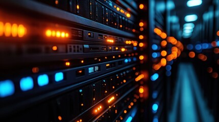 Close-up view of server racks in data center. Orange, blue lights illuminate tech infrastructure. Modern server hardware highlighted. Data center environment advanced tech. Futuristic, efficient