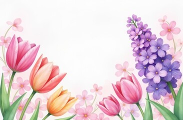 Frame made with beautiful spring tulips, daisies, lilac on pink background, top view. Space for text