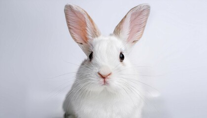 Fototapeta premium white rabbit with upright ears sitting on white background showcasing adorable pet characteristics and soft fur texture