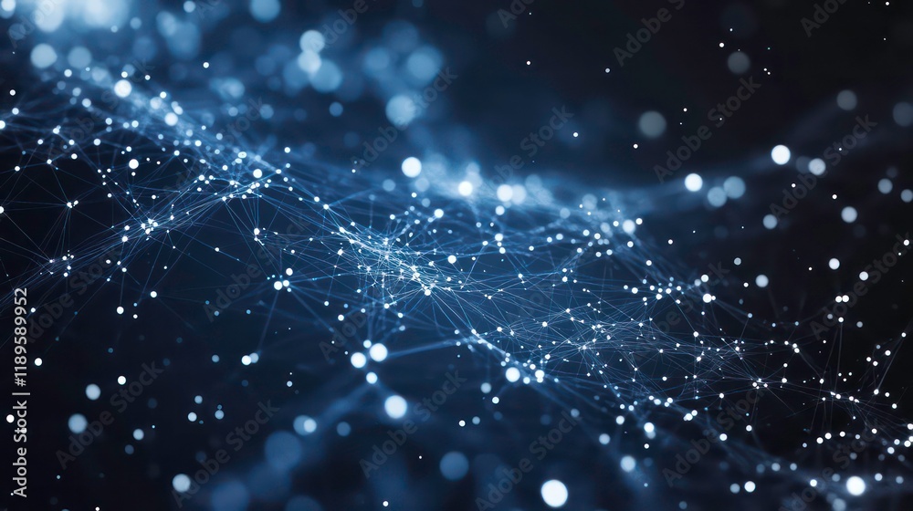 Poster abstract blue glowing network connections and particles.