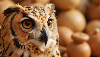 Obraz premium Detailed owl wood carving close-up at craft fair, traditional artistry