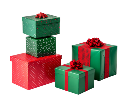 Stacked Christmas Presents in Green and Red Wrapping Paper - Festive Gift Boxes for the Holidays , isolated on white background PNG