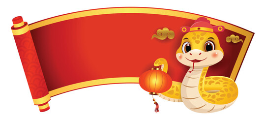 Fototapeta premium A cute cartoon snake holding a red lantern, with a red scroll banner behind it.