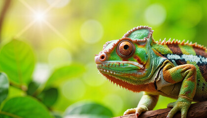 Fototapeta premium Vibrant chameleon resting on branch in tropical rainforest, nature's beauty
