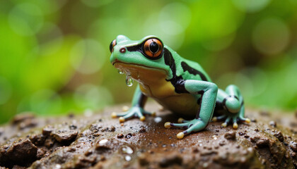 Vibrant poison arrow frog perched on rock in rainforest, nature's beauty