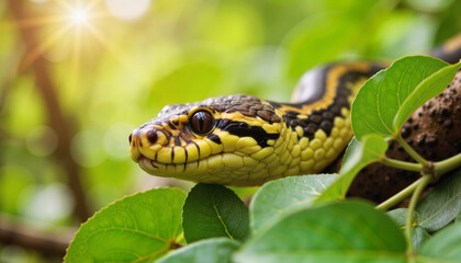 Fototapeta premium Vibrant boomslang snake resting among foliage, natural beauty