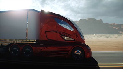 Red futuristic electric truck very fast driving on desert highway. Logistic, future concept. 3d rendering.